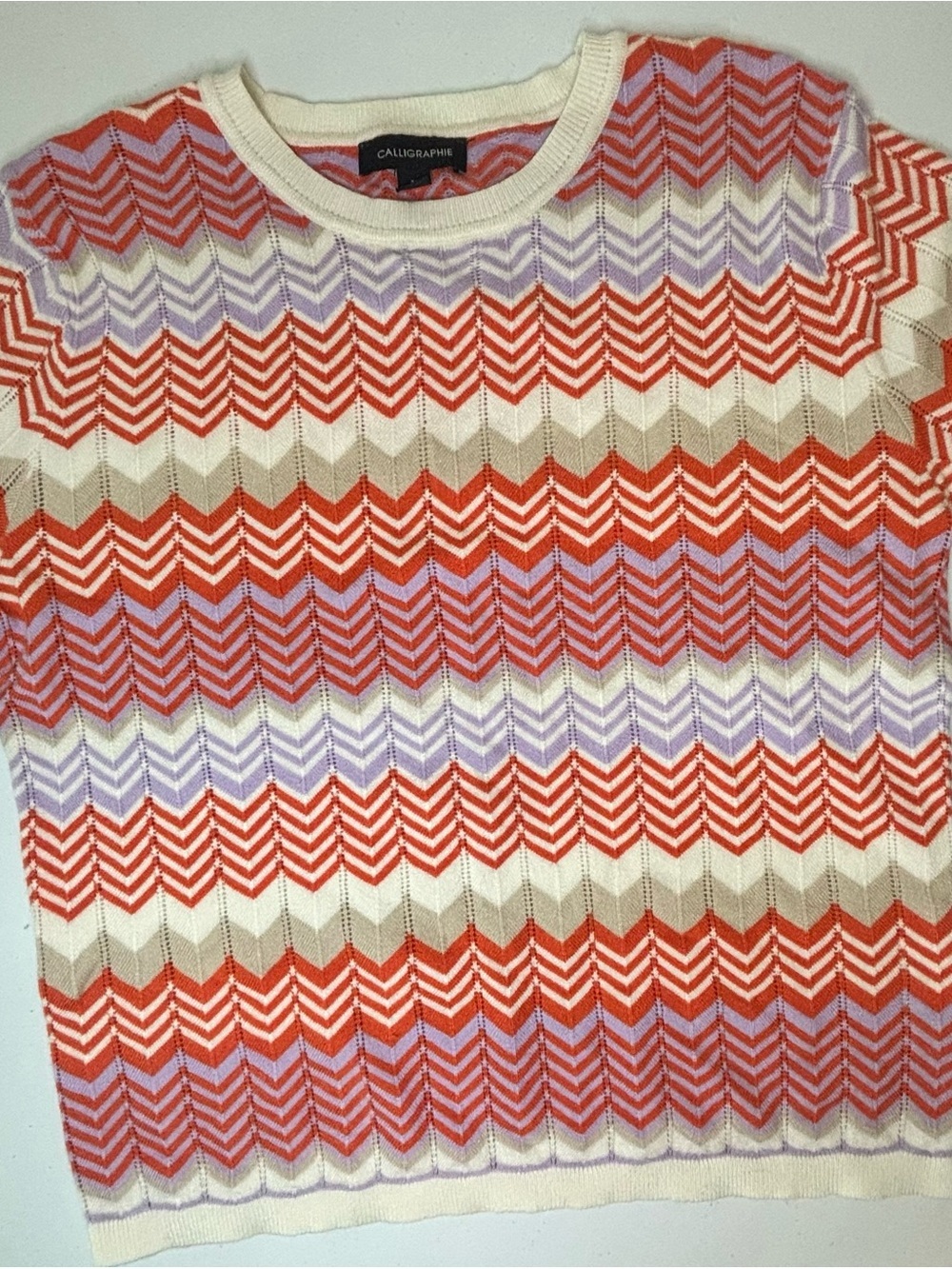 Calligraphie Chevron Stripe Short-Sleeve Knit Top - Coral & Ivory